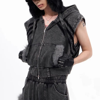 Korean style sleeveless tank top with hooded collar and zippered front paired with matching trousers