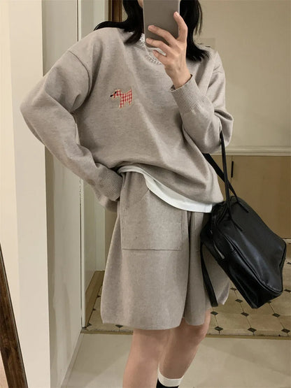 Women's casual knitted sweater and shorts set with animal embroidery in imitation cashmere fabric