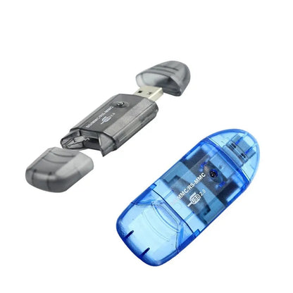 Transparent USB card reader with LED options, measuring 7.5x2.9x1.1 inches, includes card holder and bag