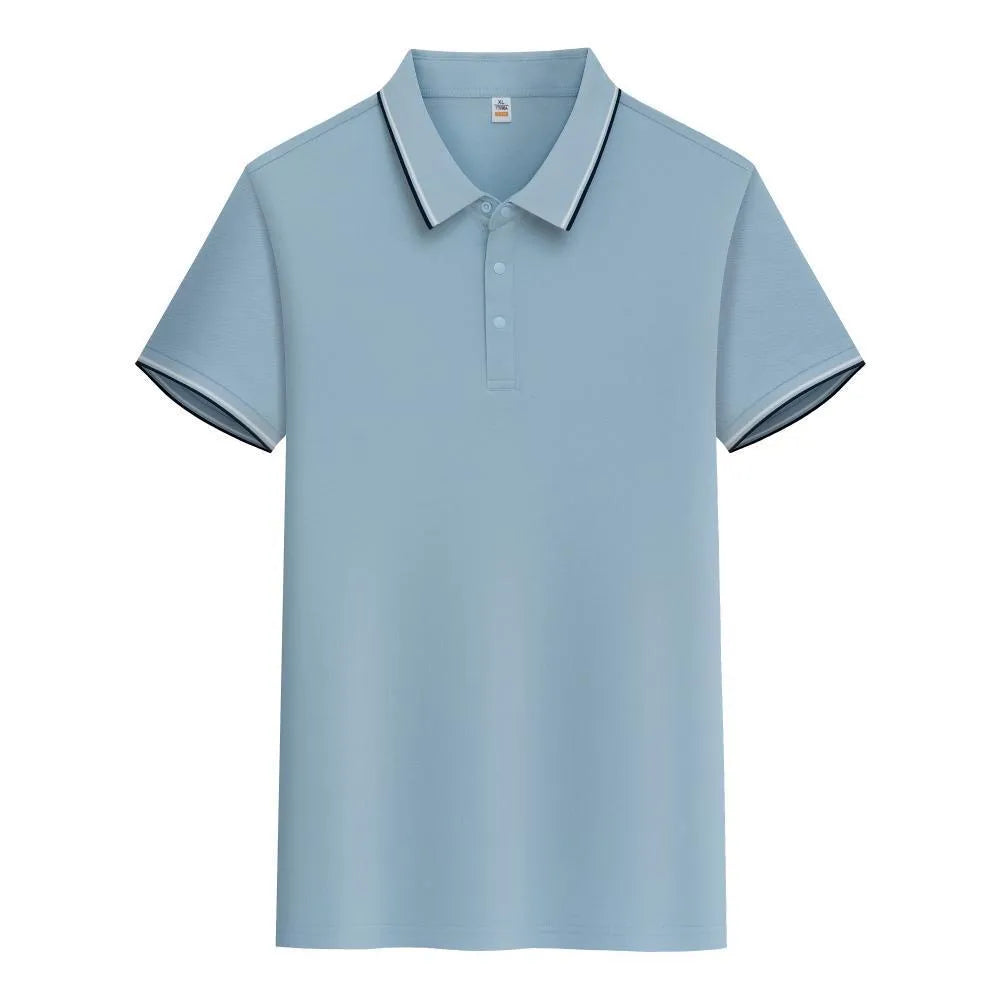 Men's pure cotton short sleeve polo shirt with lapels in a range of colours on a hanger.
