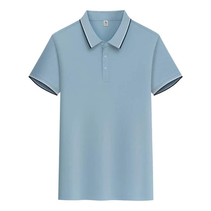 Men's pure cotton short sleeve polo shirt with lapels in a range of colours on a hanger.