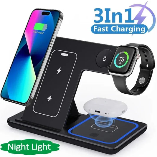 3-in-1 Fast Wireless Charging Station for Smartphones, Smartwatches, and Wireless Headphones