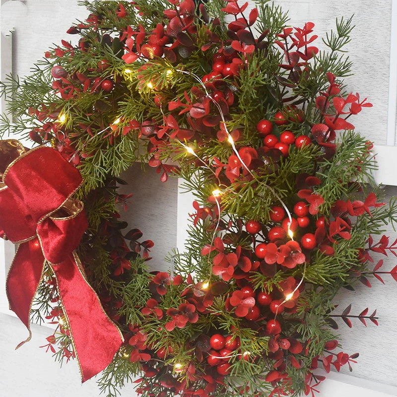 45cm artificial cherry pattern Christmas wreath with LED lights for festive decoration