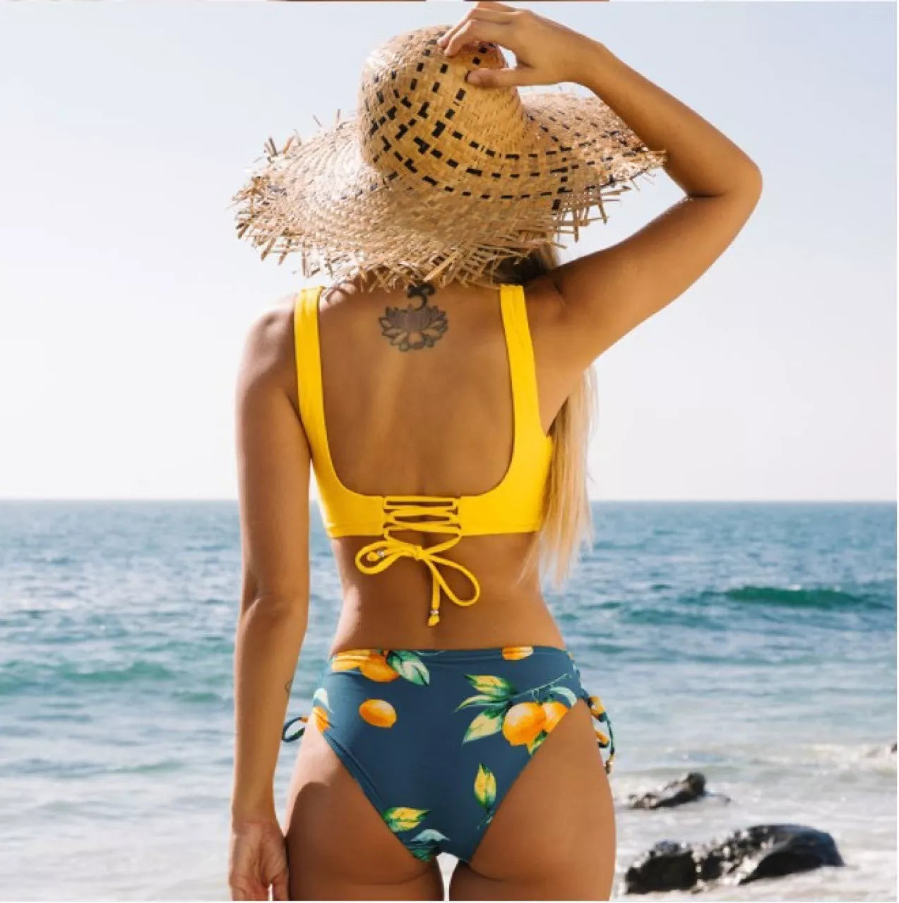 Yellow bikini swimsuit for women with high elasticity and cotton blend lining
