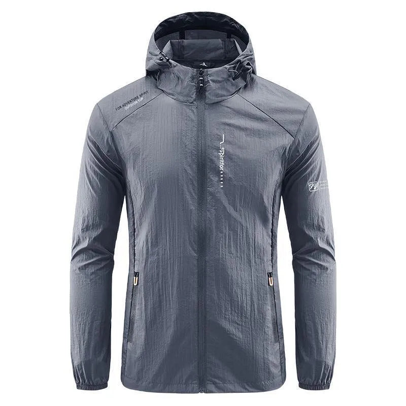 Men's lightweight nylon hooded jacket for sun protection in a loose fit, shown in dark blue.