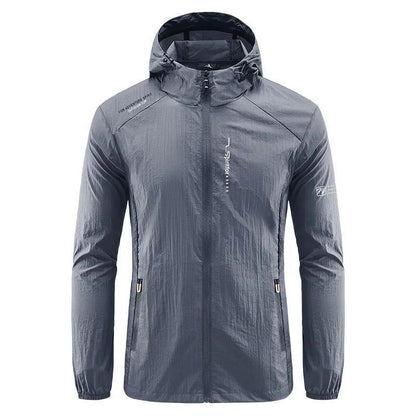 Men's lightweight nylon hooded jacket for sun protection in a loose fit, shown in dark blue.