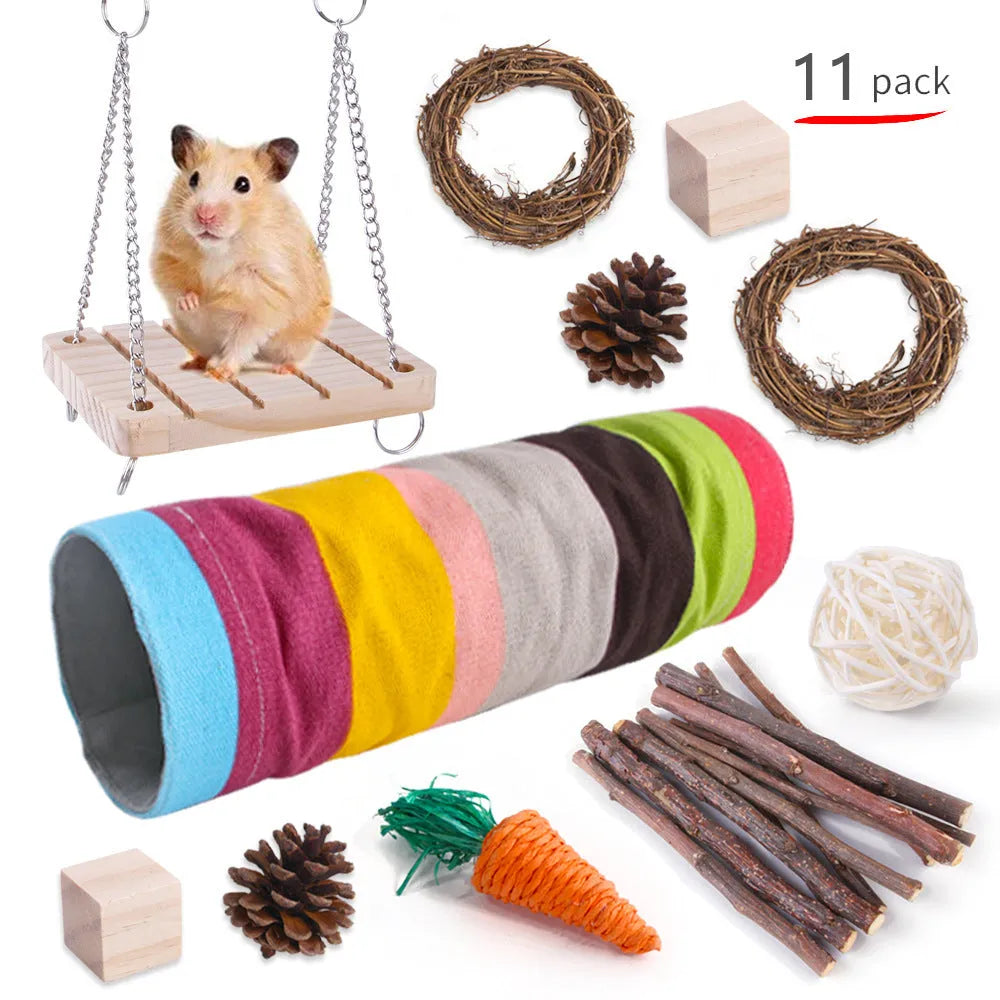 Assorted natural wooden chew toys for small pets including balls, rings, and mats on a plain background.