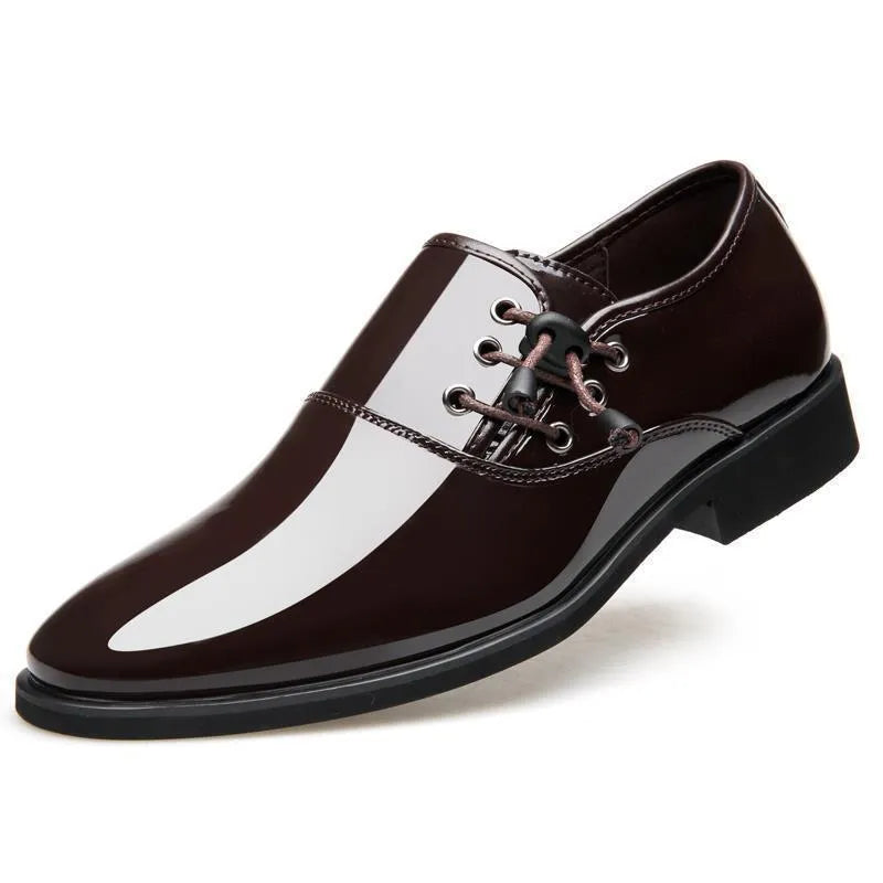 Men's black and brown formal business shoes with round toe and square heel