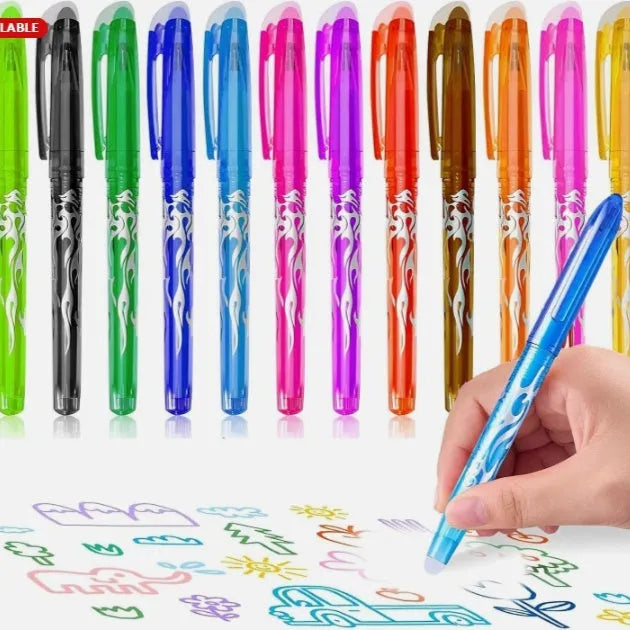 Hot erasable gel pen with stainless steel nib and plastic shell, available in 12 or 8 colour sets for office use