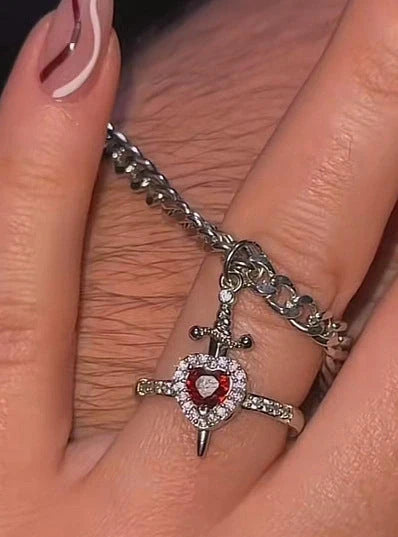 Gothic Punk Heart Dagger Couple Necklace with sparkling red rhinestones
