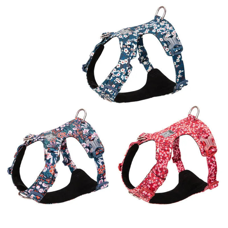 Floral pattern pure cotton pet chest harness strap in red, blue, or green with adjustable sizing