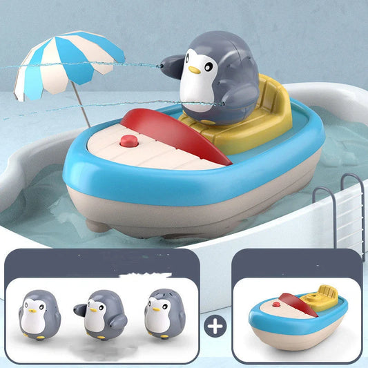 Electric penguin water jet boat toy with 3 sprinkling penguins for toddler bath time