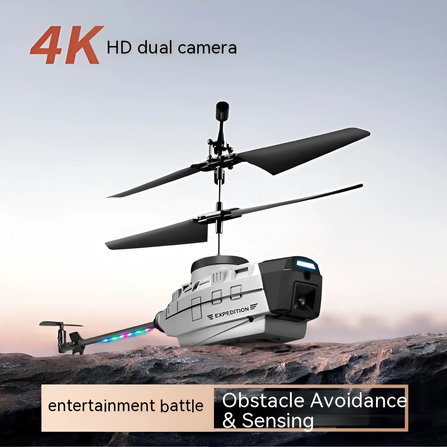 Heifeng grey plastic obstacle avoidance helicopter drone with coloured LEDs, remote control, and spare blades
