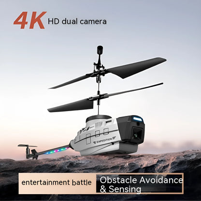 Heifeng grey plastic obstacle avoidance helicopter drone with coloured LEDs, remote control, and spare blades