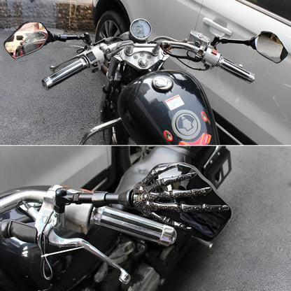 Black motorcycle rearview mirror pair with skull hand ghost claw design, LED reflector, 140mm by 89mm