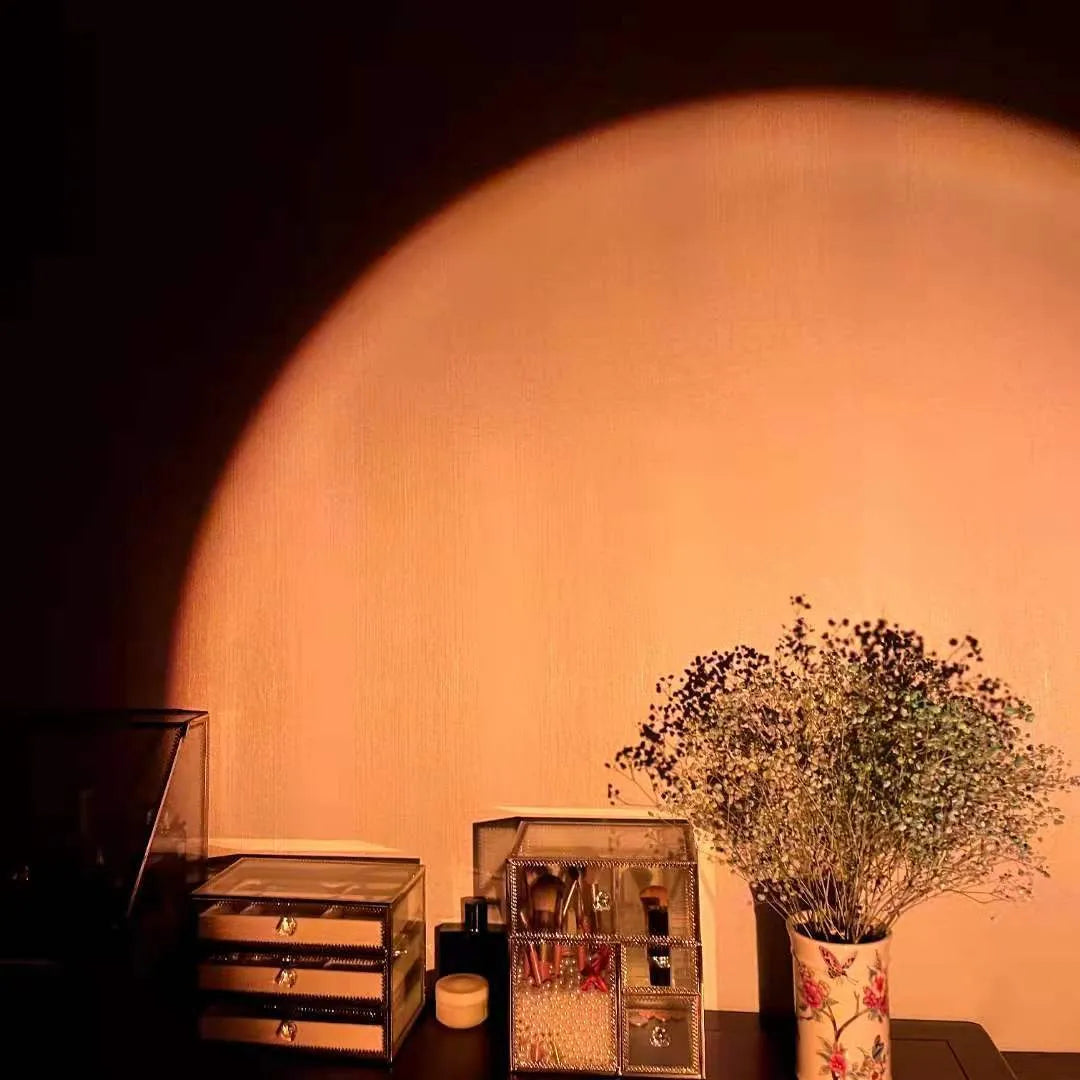 USB rechargeable sunset projection lamp showing rainbow and red lighting effects