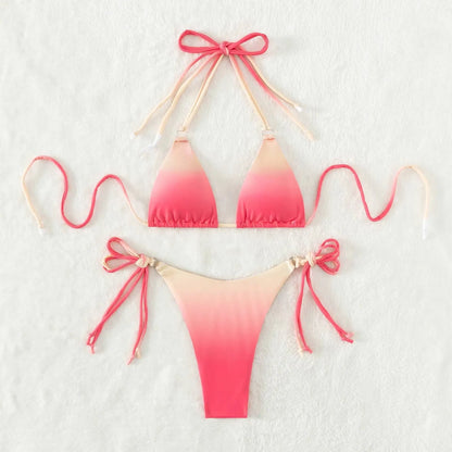 Women's gradient colour bikini swimwear set with separated top and bottom on a mannequin