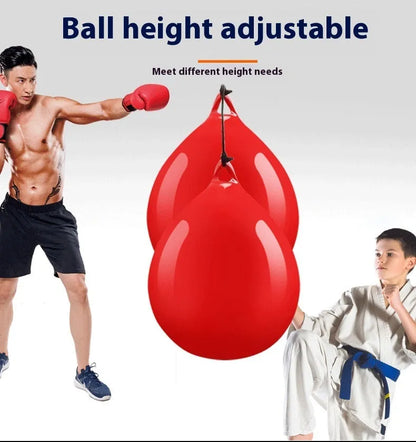 Red water-filled PVC boxing reaction ball with hook rope for hanging speed training drills.