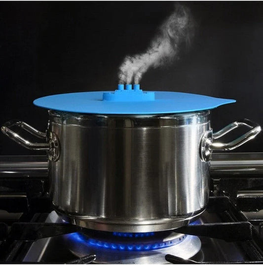 Creative silicone pot lid in blue color, designed with a unique shape and hook for easy storage