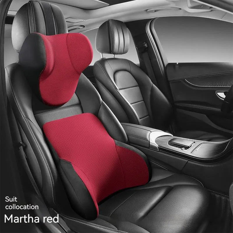 Memory foam car lumbar support pillow and matching headrest in knitted fabric with latex filler