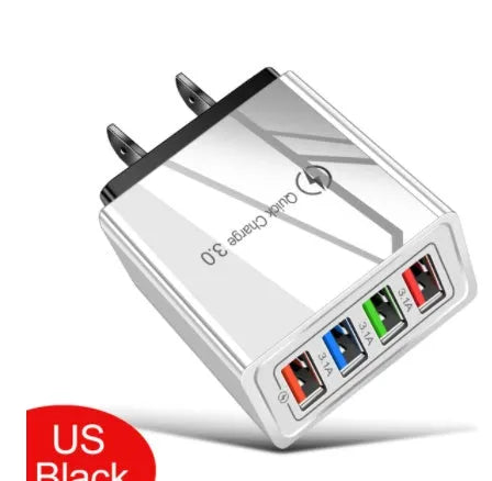Simple Luminous 4USB mobile phone charger with UK plug showing four USB ports and compact dimensions