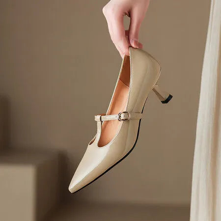 Women's high heel shoes made from authentic first layer cowhide leather with a square toe design and a 6-8cm heel, suitable for spring, summer, and autumn wear, available in black, apricot, and red colours and sizes 34 to 39