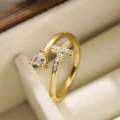 Adjustable CZ zircon cross evil eye ring for women with geometric design