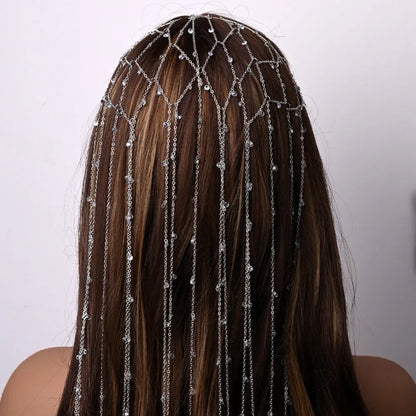 Gold mesh tassel headband with central rhinestone cluster for formal hairstyles