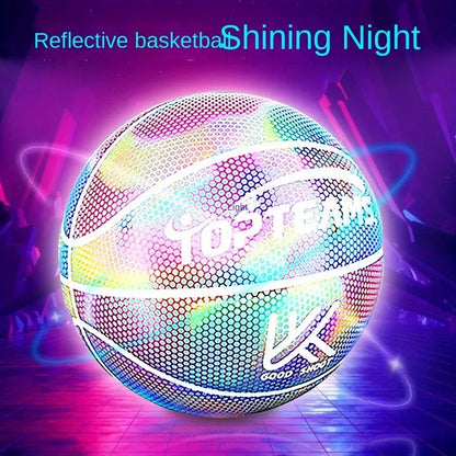 Holographic luminous reflective fluorescent basketball No. 7 size with wear-resistant PU leather