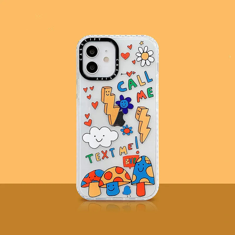 Graffiti TPU iPhone case in high transparency Lightning Mushroom and Lightning Rainbow, back cover with letters and geometry
