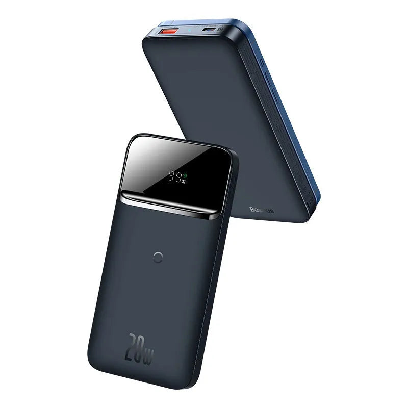Blue magnetic wireless 10000mAh mini power bank with square aluminium shell design.