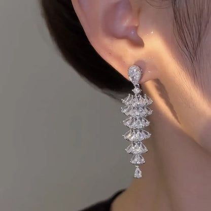 Silver pagoda Christmas tree drop earrings with zircon crystals for women