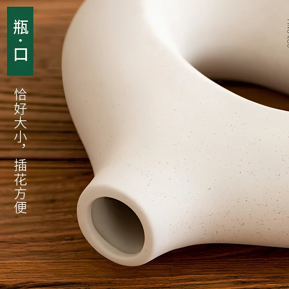 Handmade white medium ceramic circle vase second generation, 18.2cm height with polished glaze for modern decor