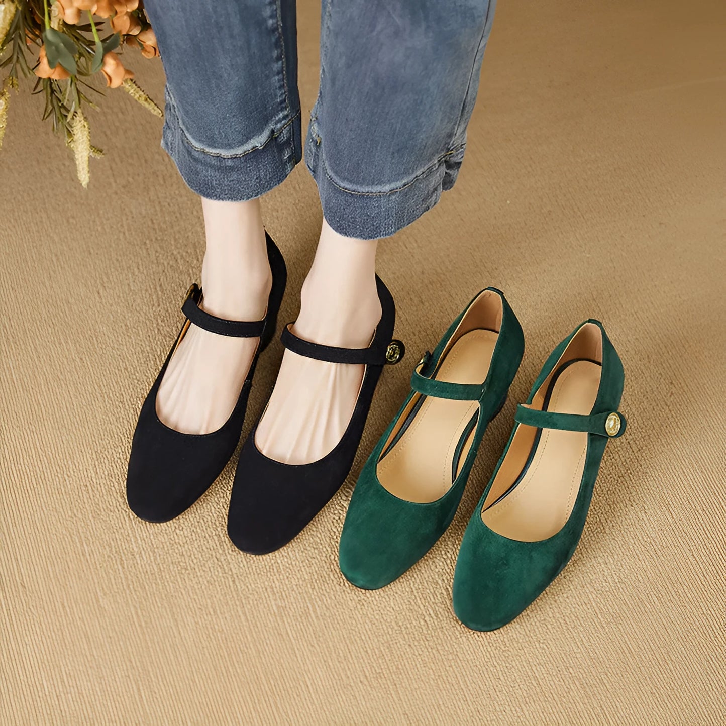 Women's dark green suede Mary Jane shoes with a chunky heel and square toe.