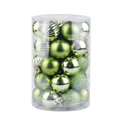 Assortment of 34 round 4cm plastic Christmas baubles in gold, silver, red, blue, and other colours.