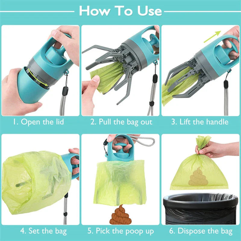 Portable dog poop scooper with claw mechanism and built-in bag dispenser for effortless pet waste cleanup