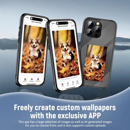 Black iPhone 15 Pro Max flip phone case with a custom graphic displayed on its integrated E Ink screen.
