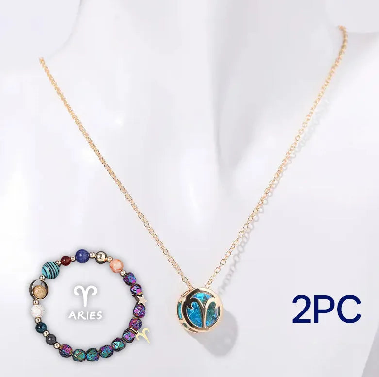Natural stone bead necklace and matching bracelet set on display