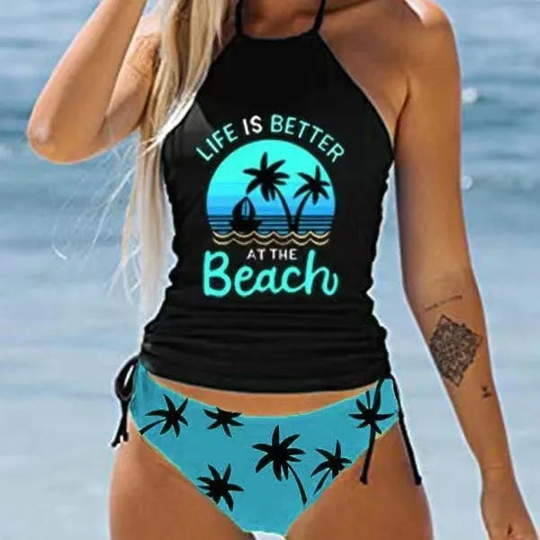 Conservative European and American women's colourful split pattern swimsuit for swimming.