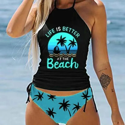 Conservative European and American women's colourful split pattern swimsuit for swimming.