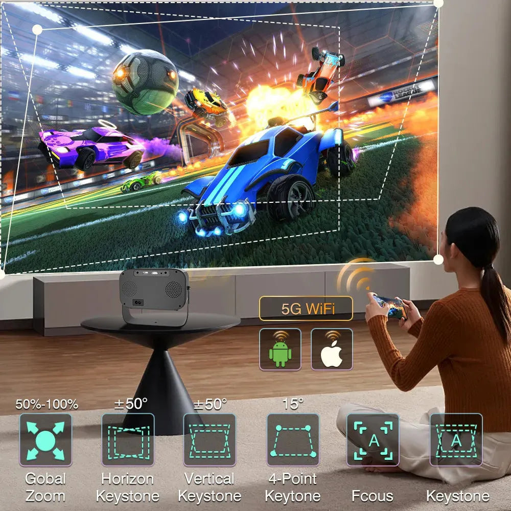 Black portable smart projector with Android system and remote control for HD presentations