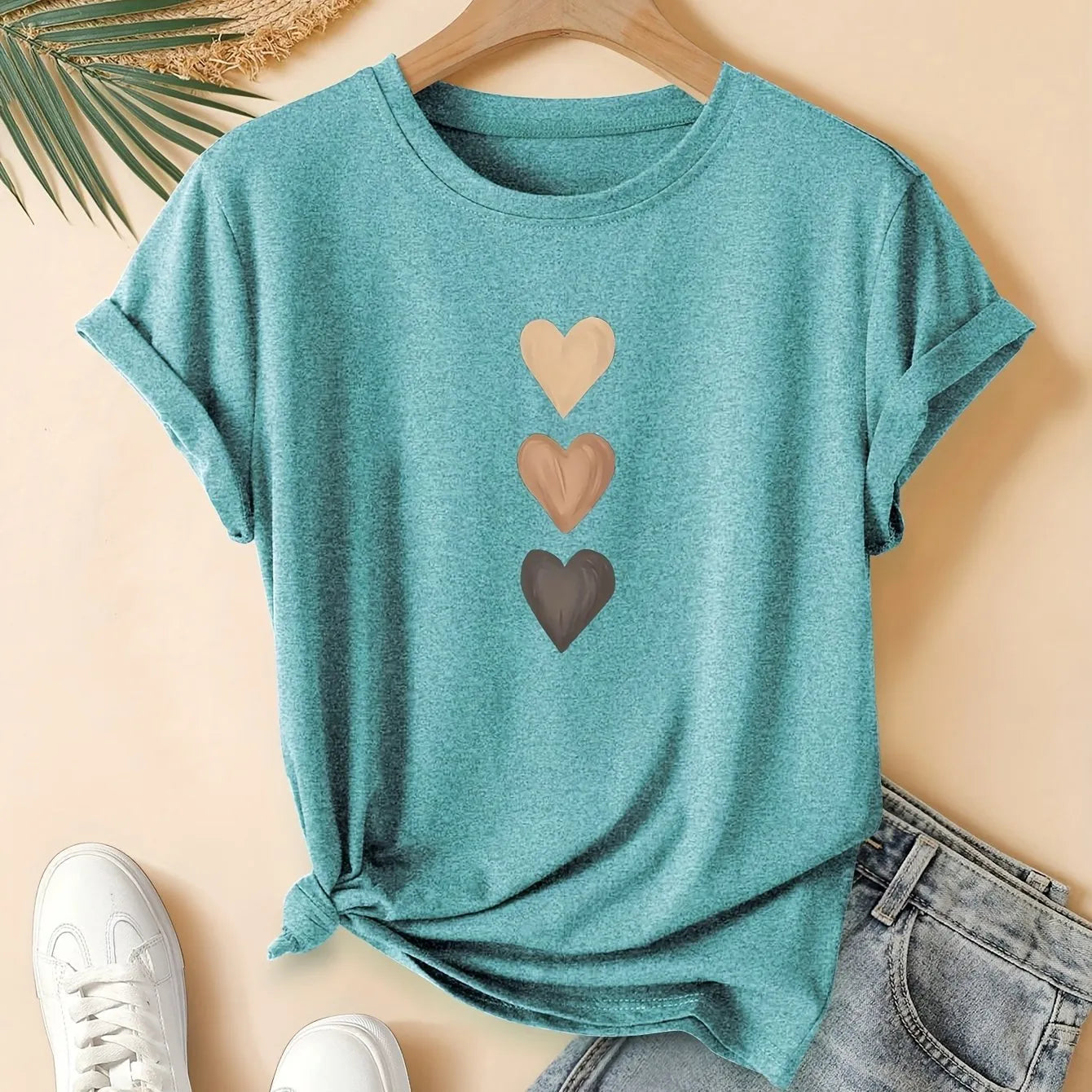 Women's art retro pure cotton short sleeve T-shirt in blue.
