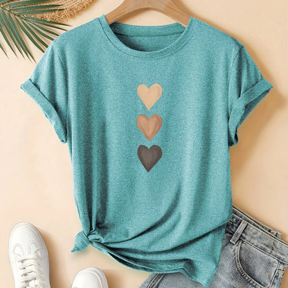 Women's art retro pure cotton short sleeve T-shirt in blue.
