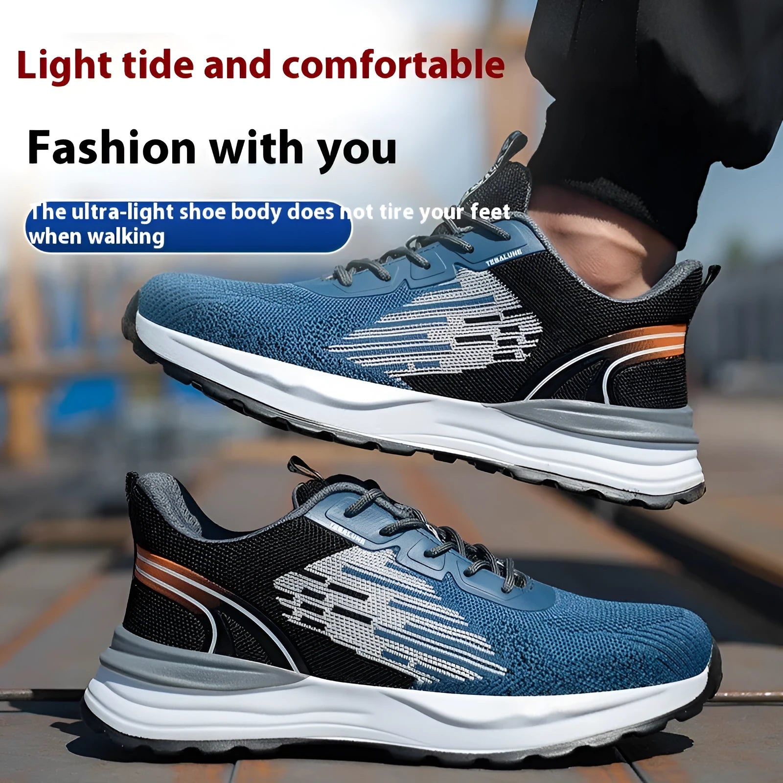 Blue men's low-top safety work shoes with plastic toe cap and breathable Flyknit mesh upper.