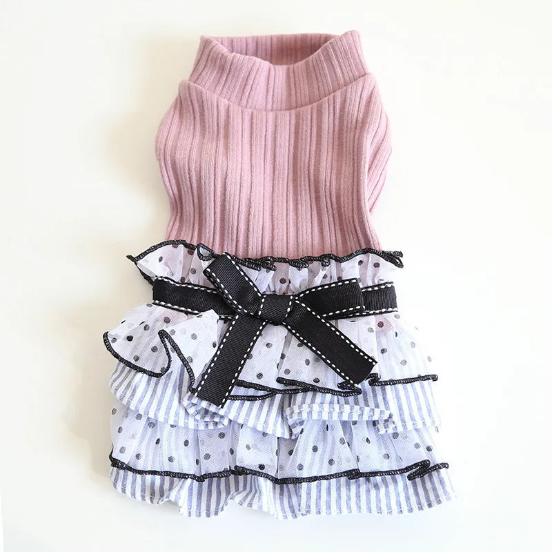 Polka dot lace cake princess dress for pets in taro purple, charcoal black, or iced coffee colours