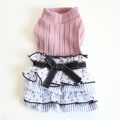 Polka dot lace cake princess dress for pets in taro purple, charcoal black, or iced coffee colours
