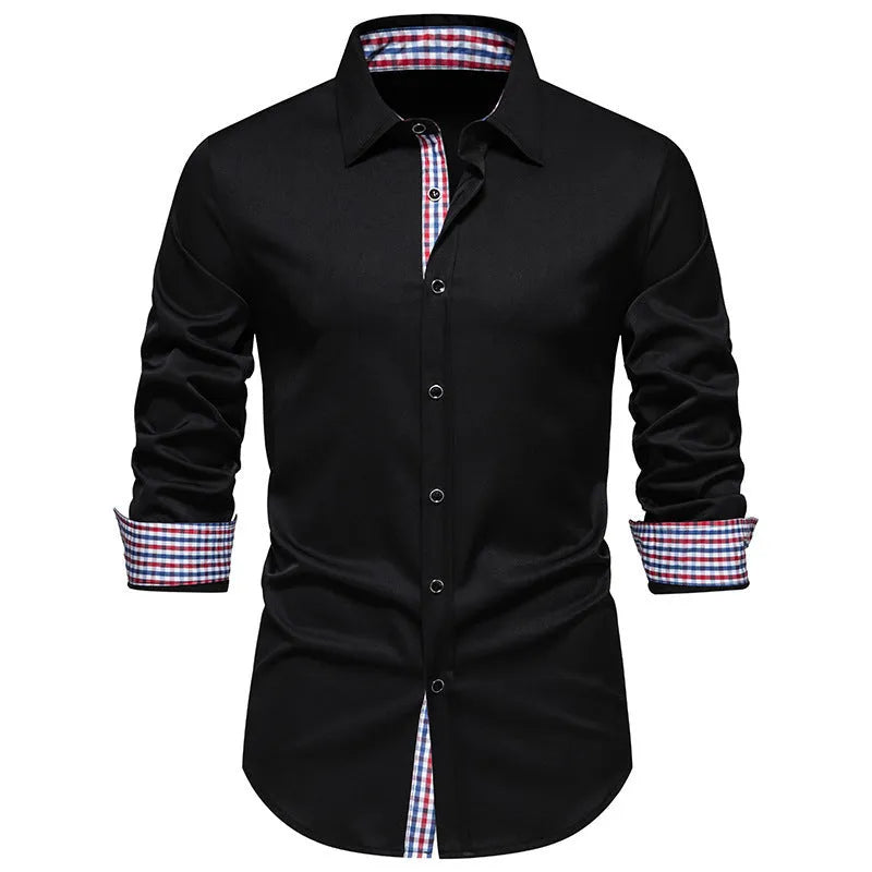 Men's loose plaid stitching casual long-sleeved shirt in black, white or wine red colours