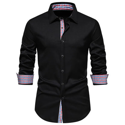 Men's loose plaid stitching casual long-sleeved shirt in black, white or wine red colours