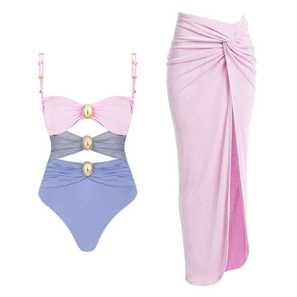 Women's one-piece swimsuit with round buckle decoration and hollow-out stitching design in nylon fabric