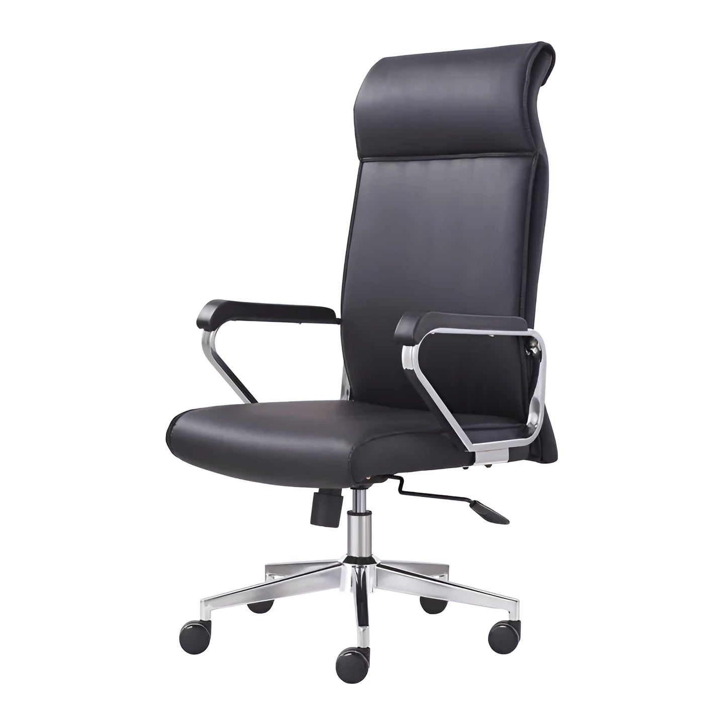 Black leather swivel office chair with armrests and a metal frame.